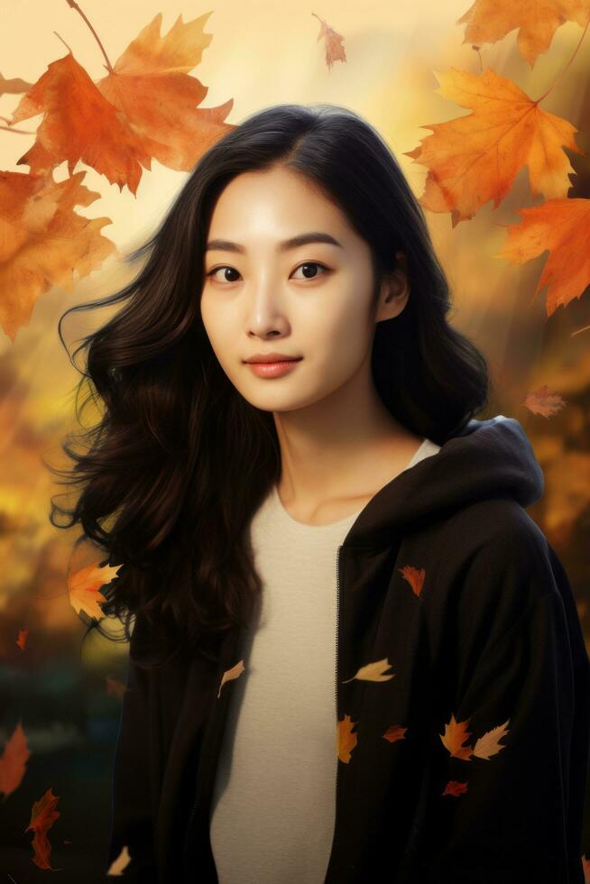 photo of emotional dynamic pose Asian woman in autumn AI Generative
