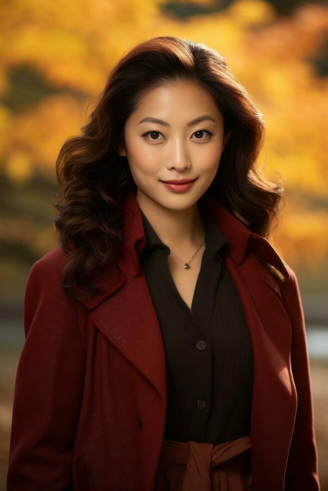 photo of emotional dynamic pose Asian woman in autumn AI Generative