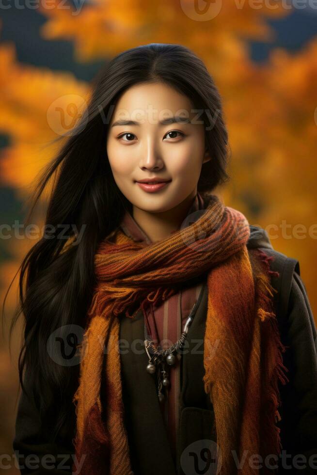 photo of emotional dynamic pose Asian woman in autumn AI Generative