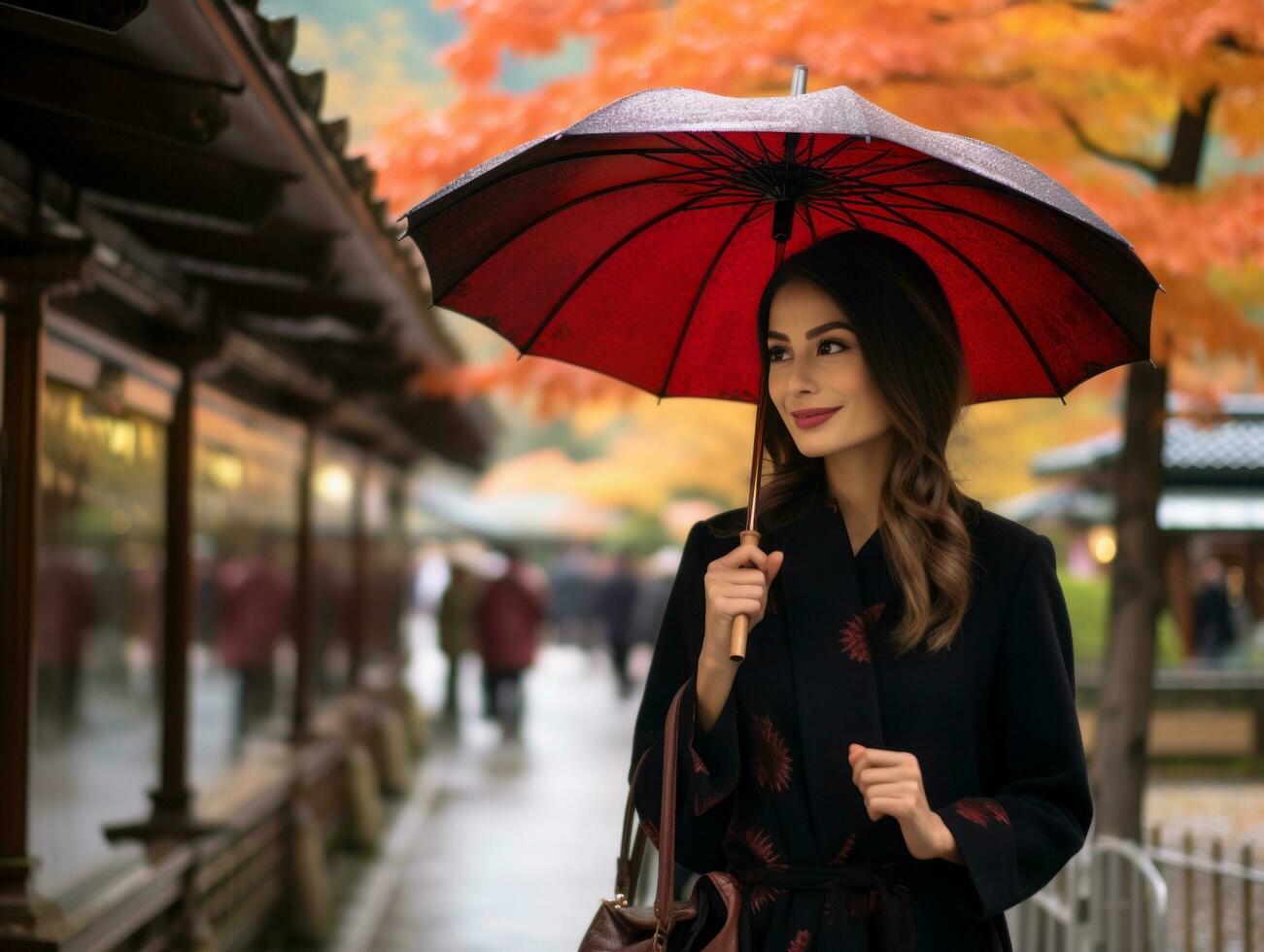 photo of emotional dynamic pose Asian woman in autumn AI Generative