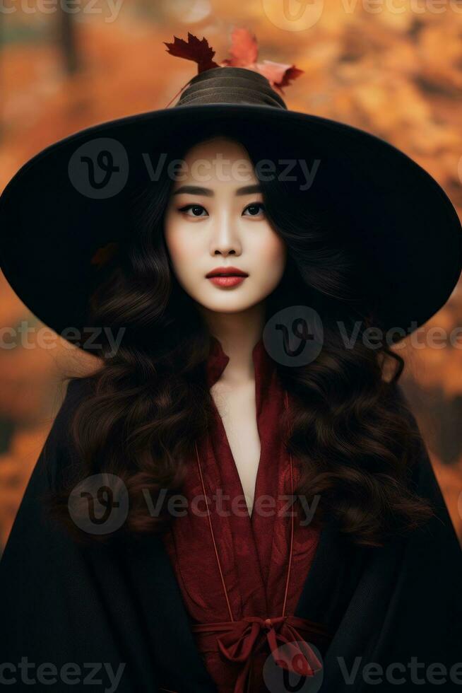 photo of emotional dynamic pose Asian woman in autumn AI Generative