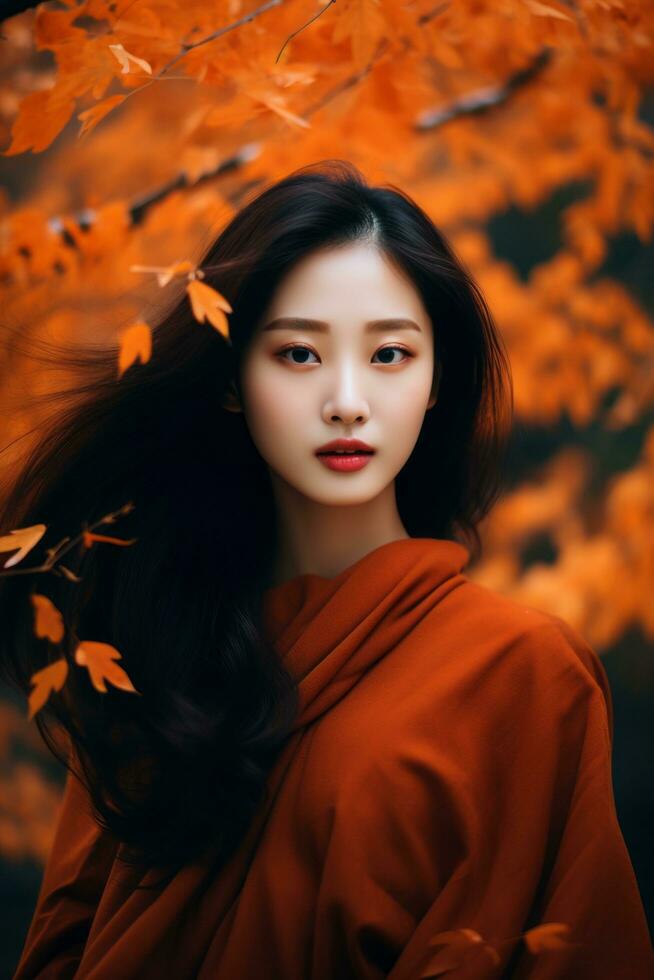 photo of emotional dynamic pose Asian woman in autumn AI Generative
