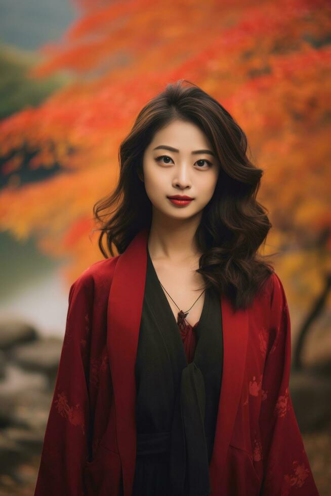 photo of emotional dynamic pose Asian woman in autumn AI Generative