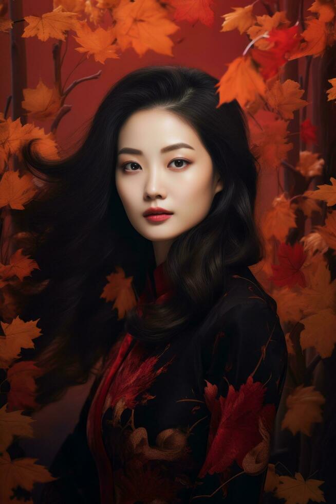 photo of emotional dynamic pose Asian woman in autumn AI Generative