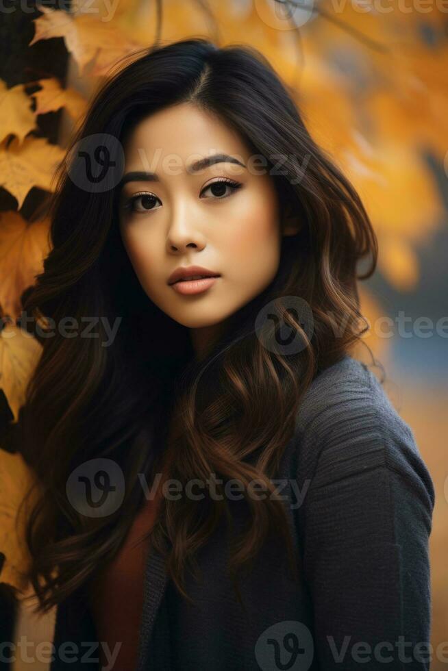 photo of emotional dynamic pose Asian woman in autumn AI Generative