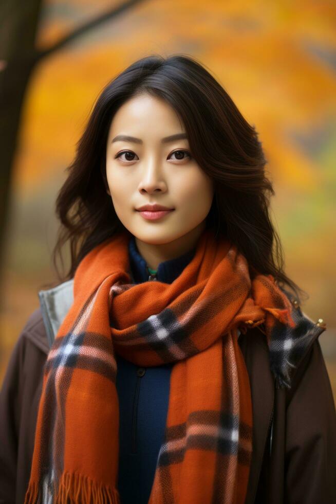 photo of emotional dynamic pose Asian woman in autumn AI Generative