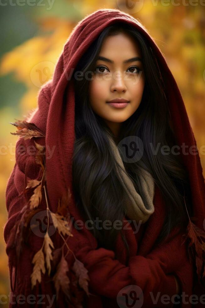 photo of emotional dynamic pose Asian woman in autumn AI Generative