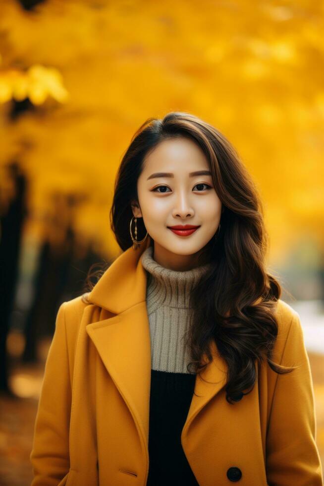photo of emotional dynamic pose Asian woman in autumn AI Generative