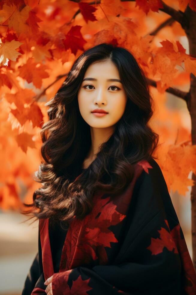 photo of emotional dynamic pose Asian woman in autumn AI Generative