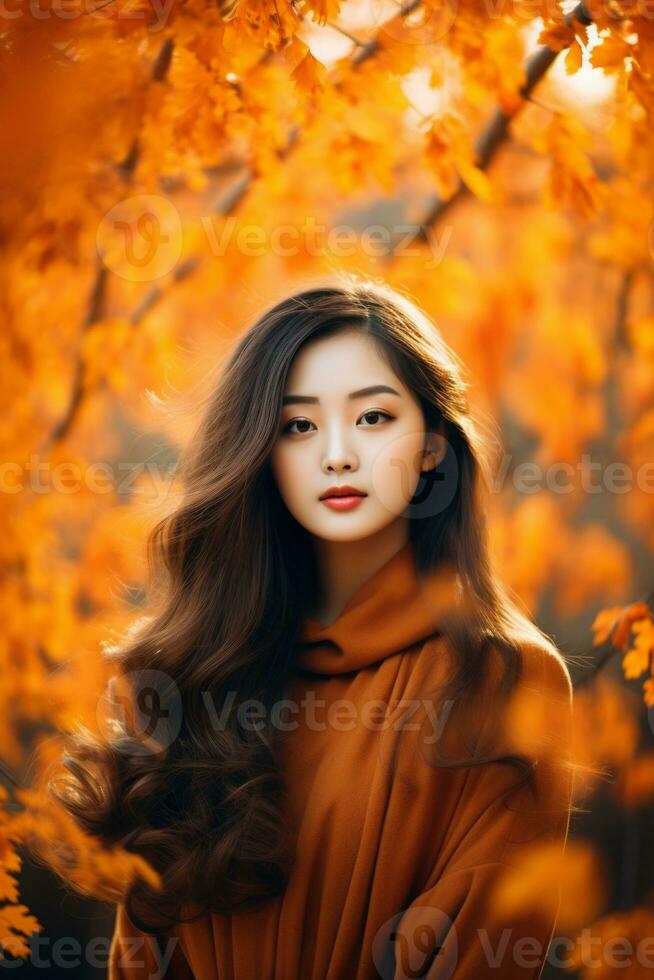 photo of emotional dynamic pose Asian woman in autumn AI Generative