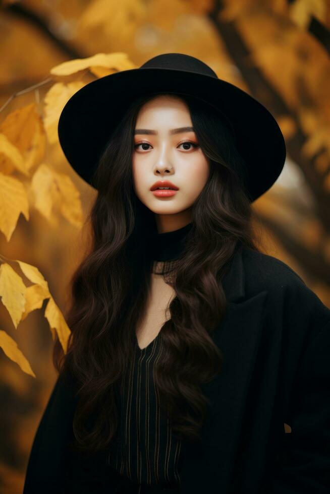 photo of emotional dynamic pose Asian woman in autumn AI Generative