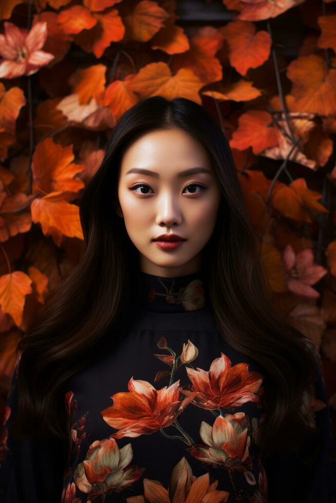 photo of emotional dynamic pose Asian woman in autumn AI Generative