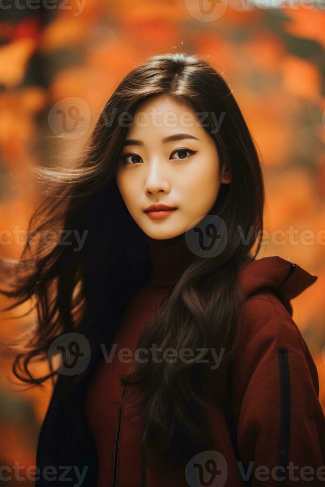 photo of emotional dynamic pose Asian woman in autumn AI Generative