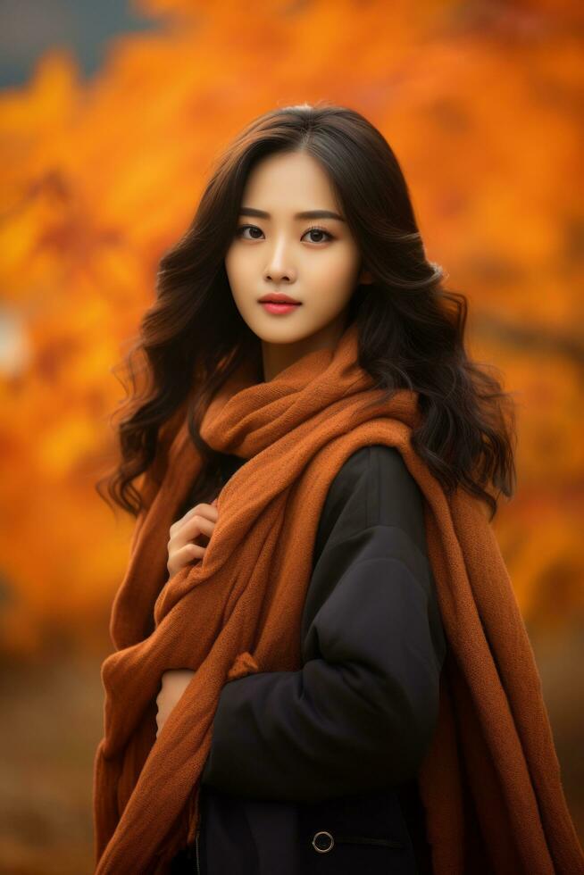 photo of emotional dynamic pose Asian woman in autumn AI Generative