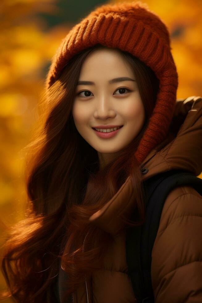 photo of emotional dynamic pose Asian woman in autumn AI Generative