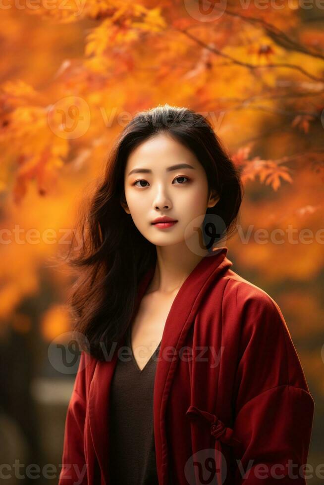 photo of emotional dynamic pose Asian woman in autumn AI Generative
