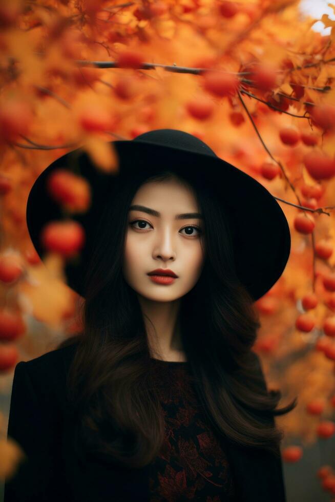 photo of emotional dynamic pose Asian woman in autumn AI Generative
