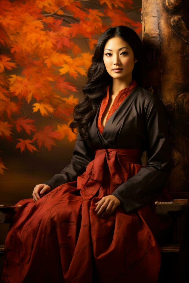 photo of emotional dynamic pose Asian woman in autumn AI Generative