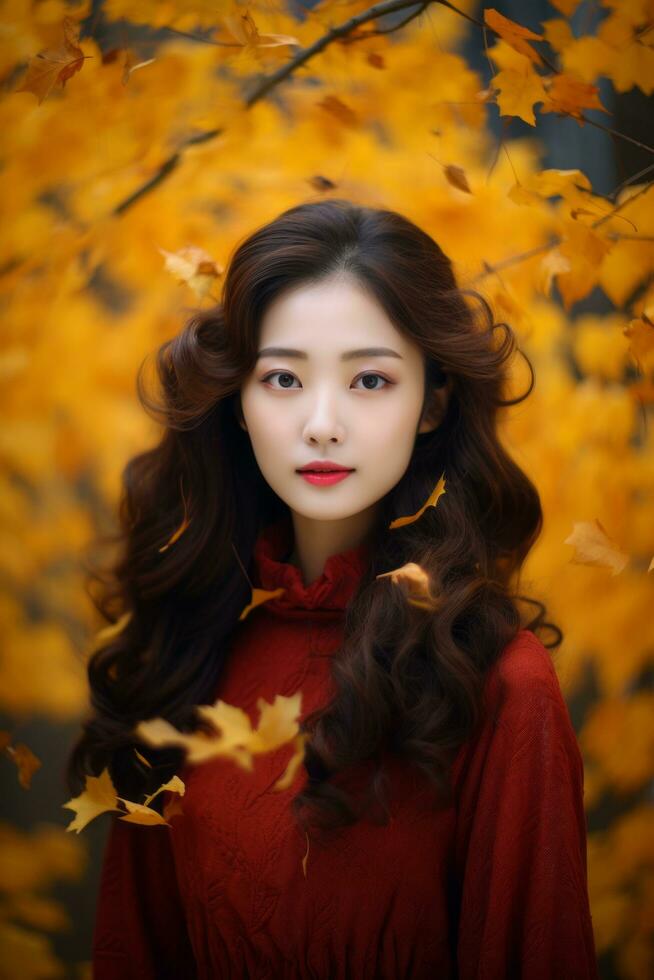 photo of emotional dynamic pose Asian woman in autumn AI Generative
