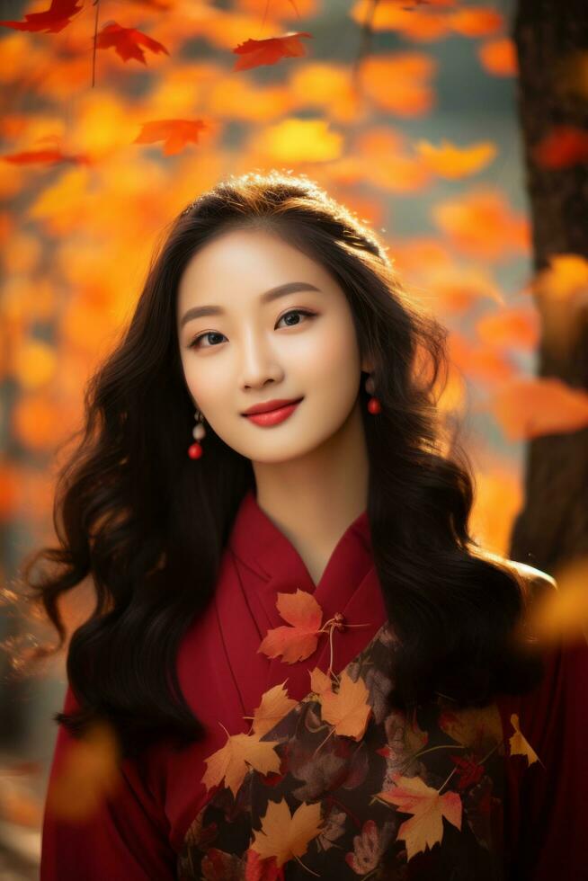 photo of emotional dynamic pose Asian woman in autumn AI Generative