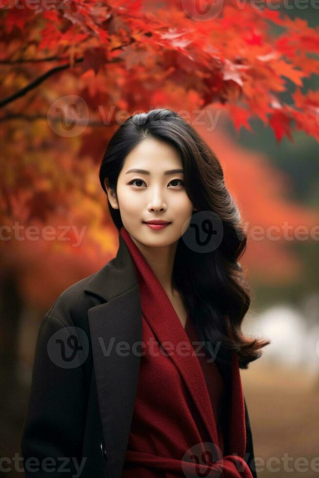 photo of emotional dynamic pose Asian woman in autumn AI Generative