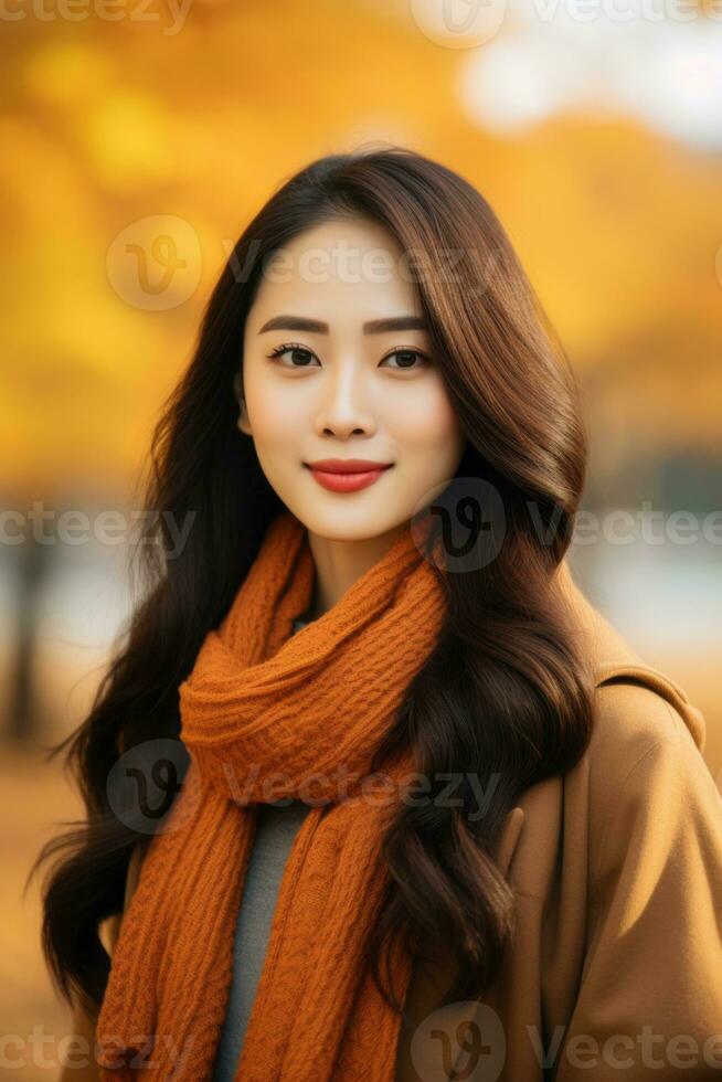 photo of emotional dynamic pose Asian woman in autumn AI Generative