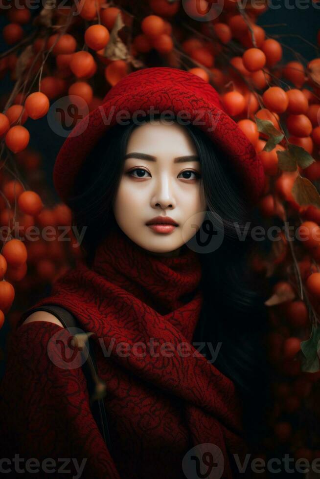 photo of emotional dynamic pose Asian woman in autumn AI Generative