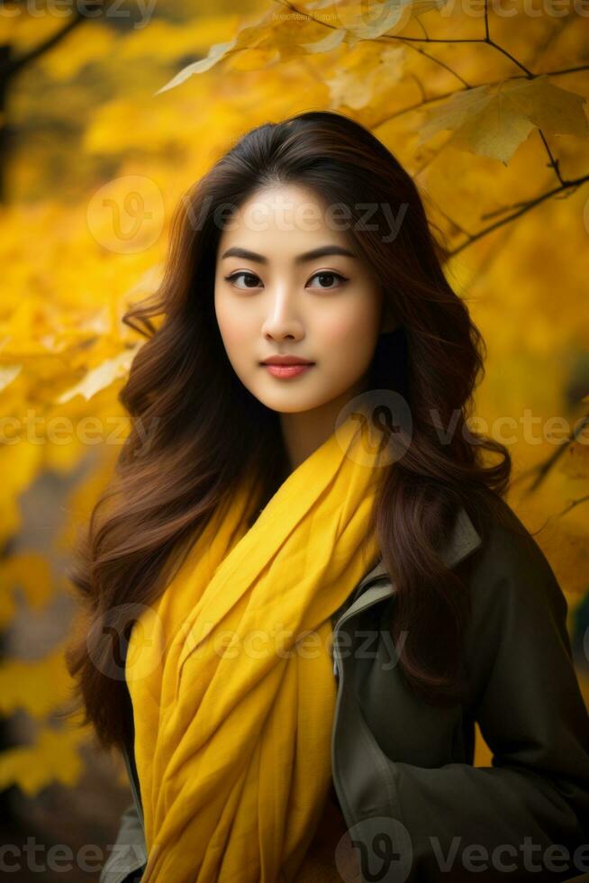 photo of emotional dynamic pose Asian woman in autumn AI Generative