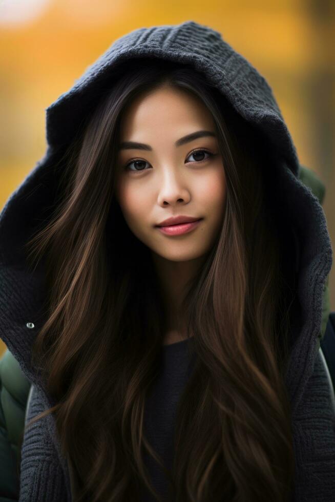 photo of emotional dynamic pose Asian woman in autumn AI Generative
