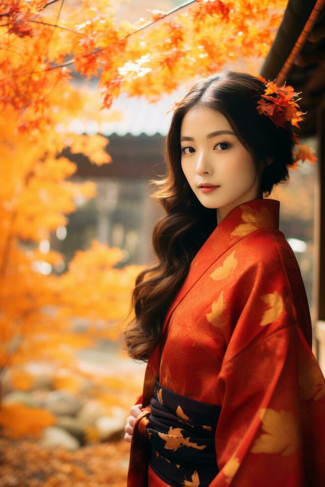 photo of emotional dynamic pose Asian woman in autumn AI Generative