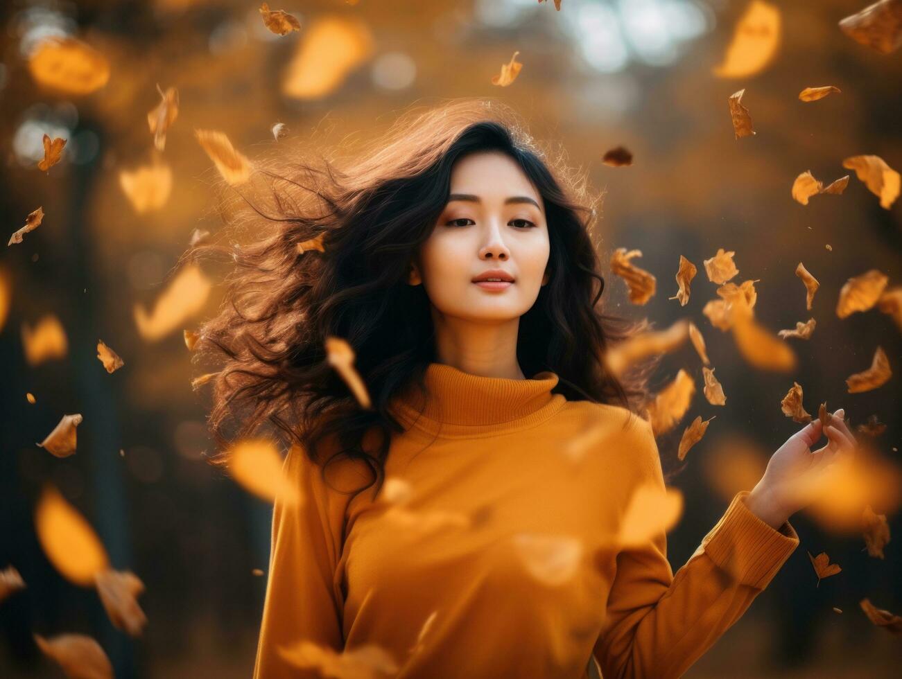 photo of emotional dynamic pose Asian woman in autumn AI Generative