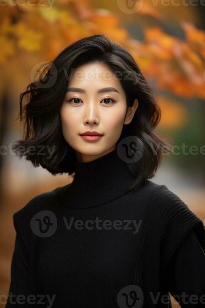 photo of emotional dynamic pose Asian woman in autumn AI Generative
