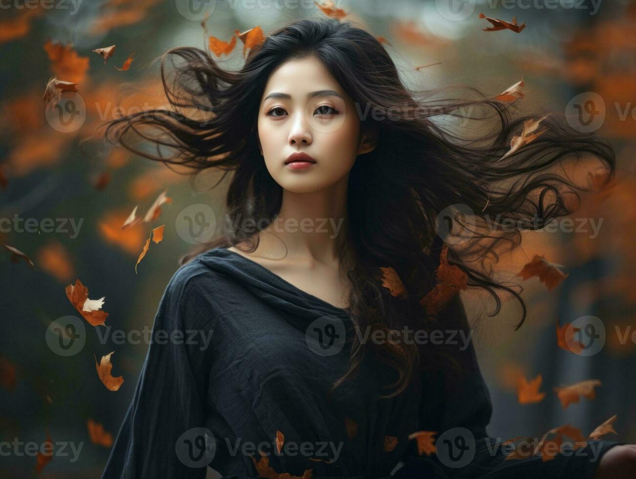 photo of emotional dynamic pose Asian woman in autumn AI Generative