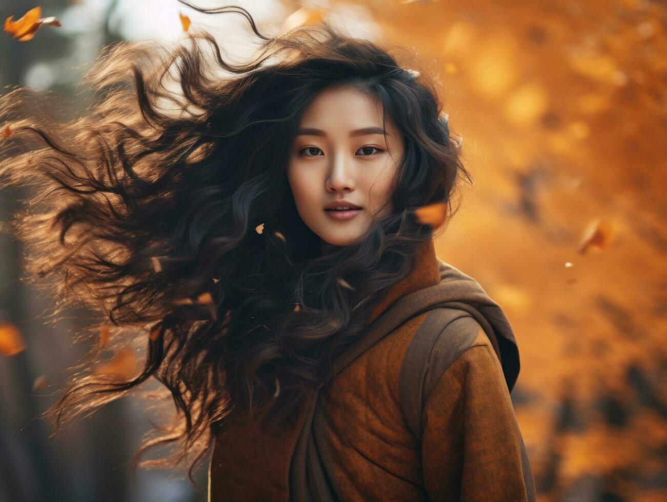 photo of emotional dynamic pose Asian woman in autumn AI Generative