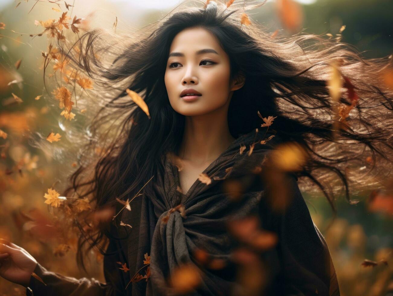 photo of emotional dynamic pose Asian woman in autumn AI Generative