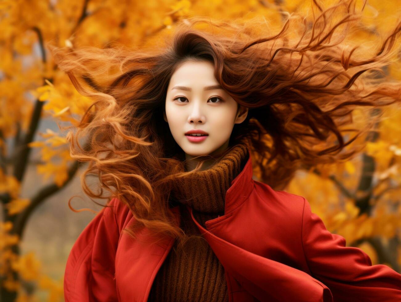 photo of emotional dynamic pose Asian woman in autumn AI Generative