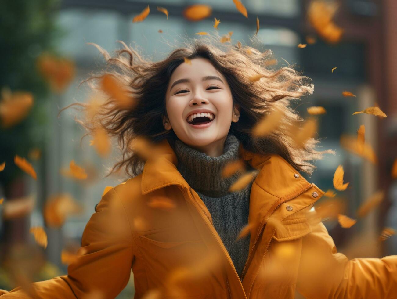 photo of emotional dynamic pose Asian woman in autumn AI Generative