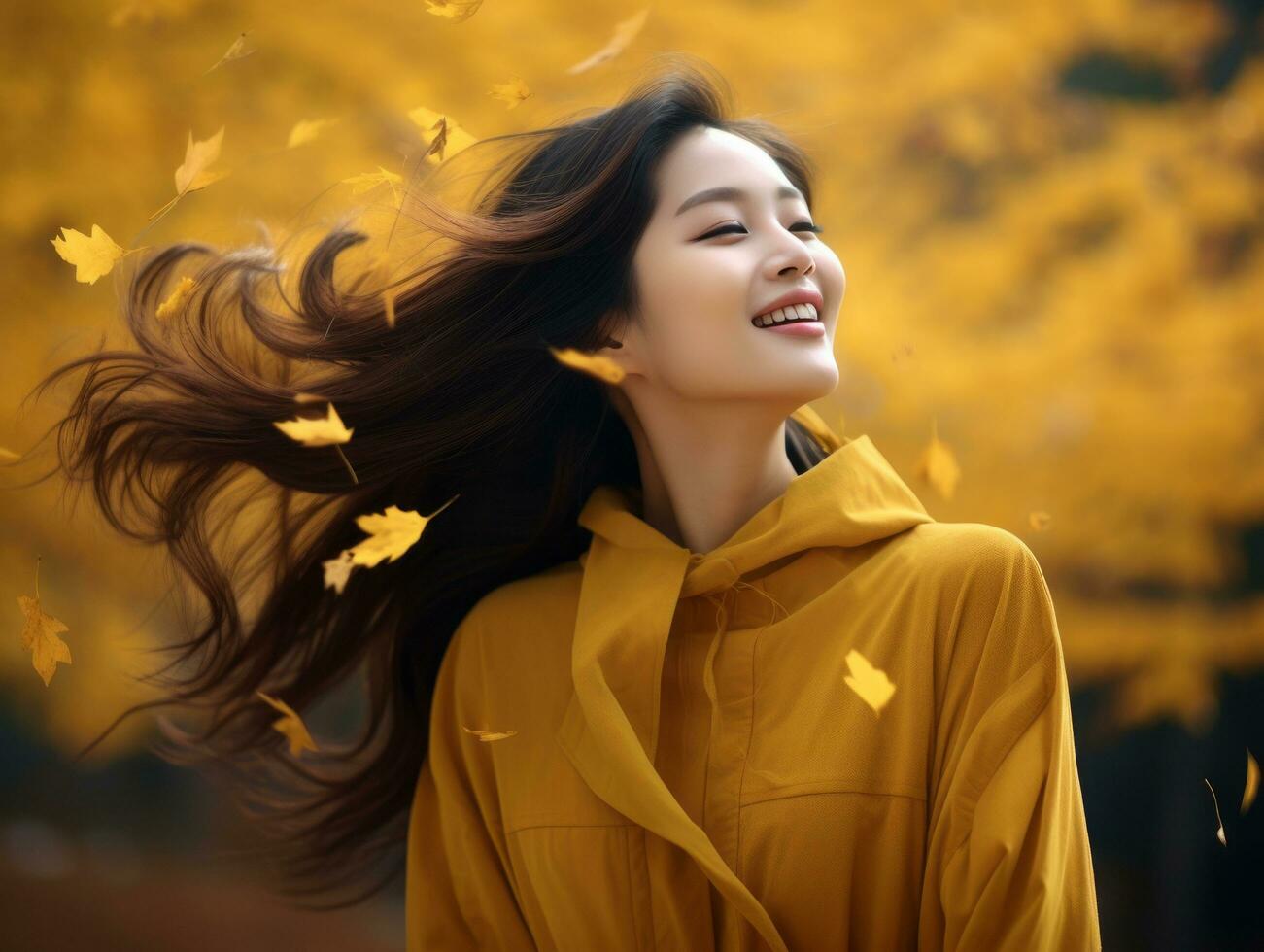 photo of emotional dynamic pose Asian woman in autumn AI Generative