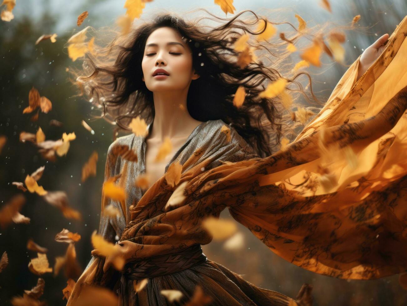 photo of emotional dynamic pose Asian woman in autumn AI Generative