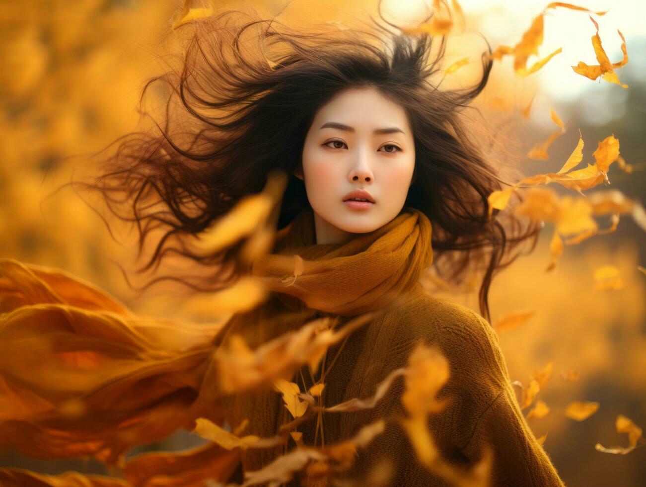 photo of emotional dynamic pose Asian woman in autumn AI Generative