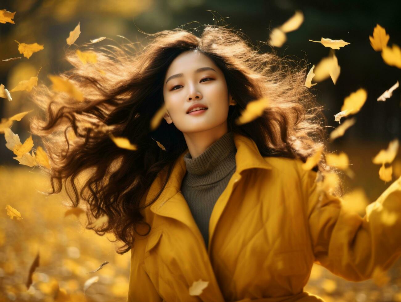 photo of emotional dynamic pose Asian woman in autumn AI Generative