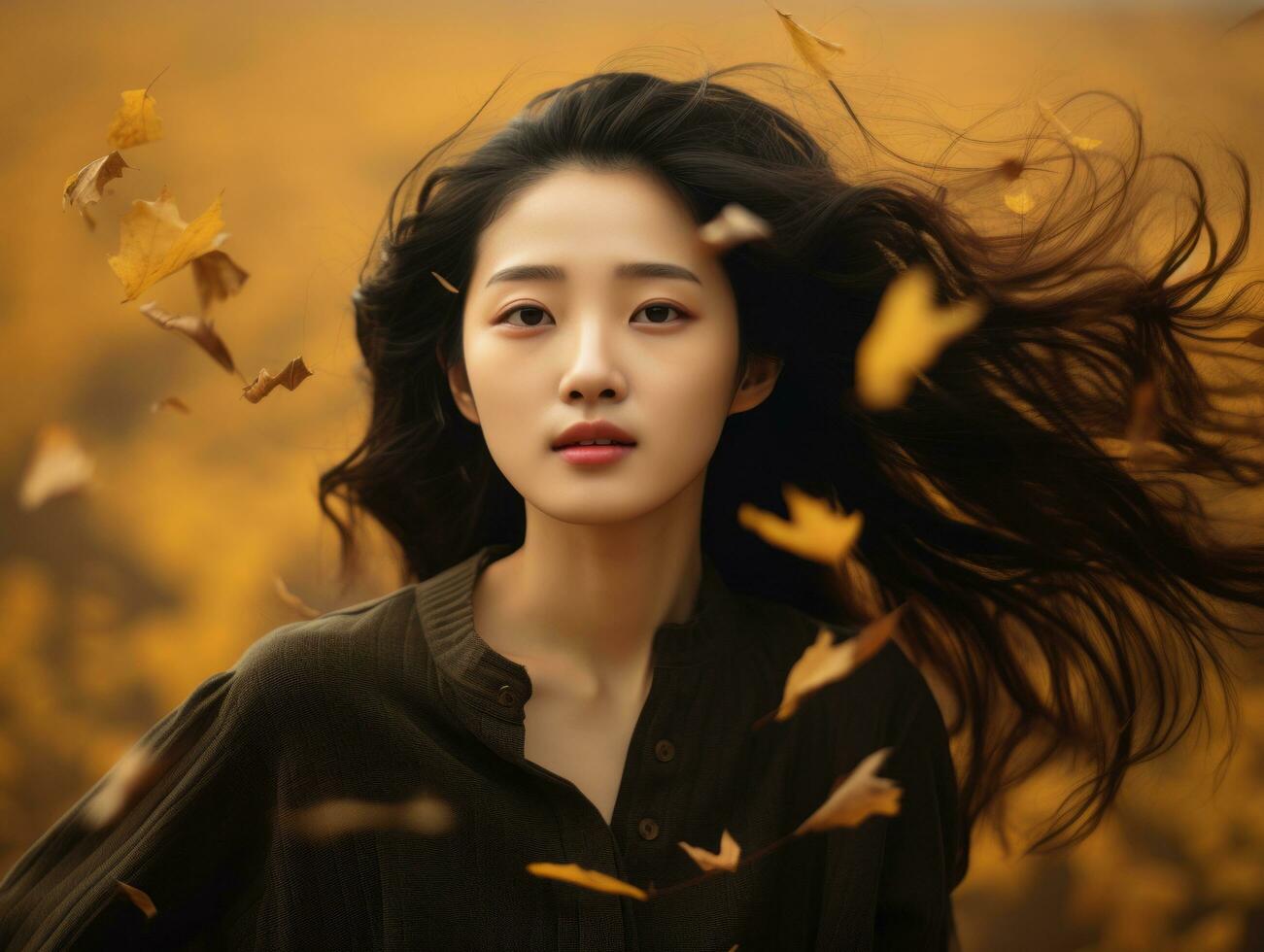 photo of emotional dynamic pose Asian woman in autumn AI Generative