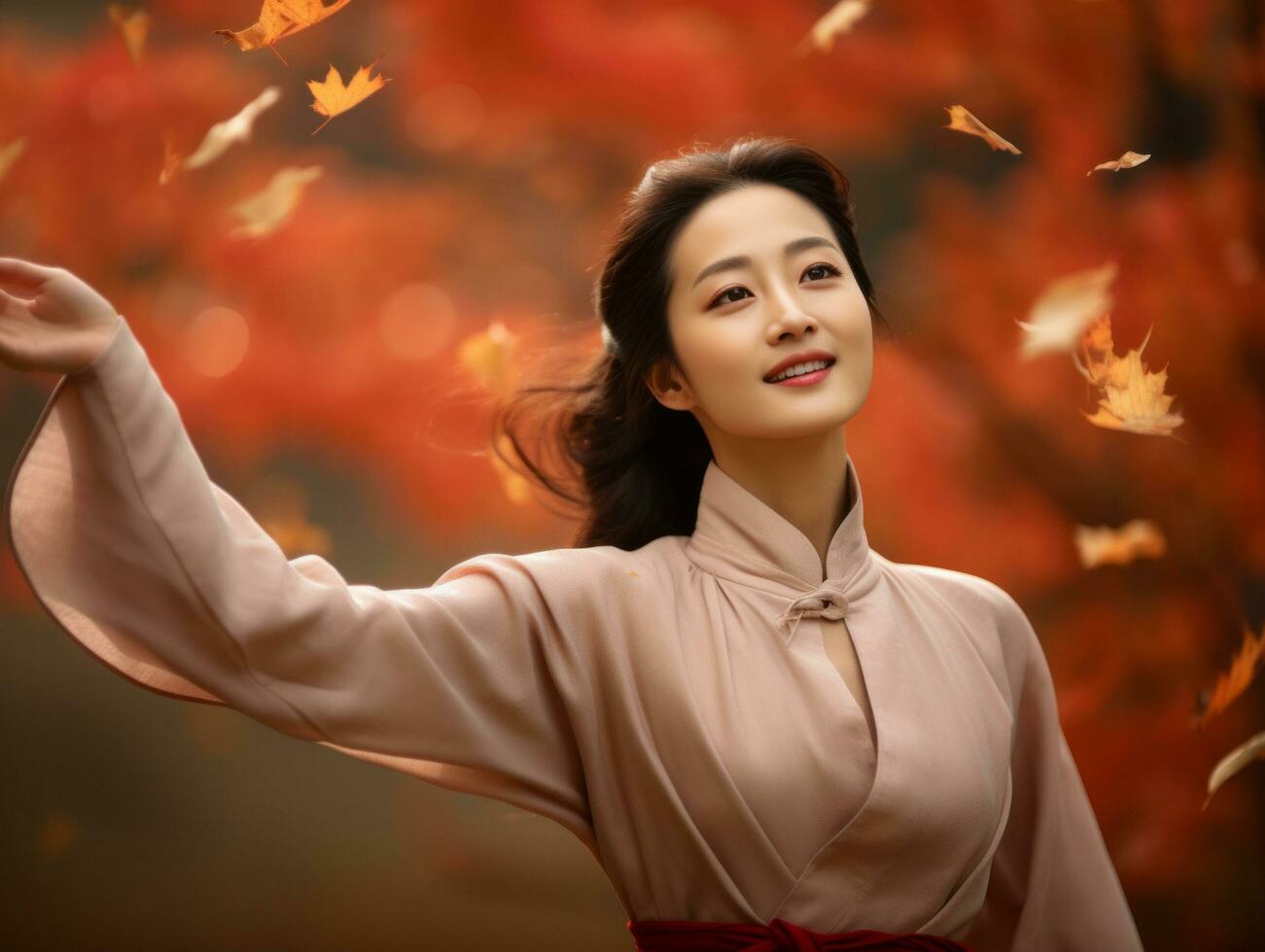 photo of emotional dynamic pose Asian woman in autumn AI Generative