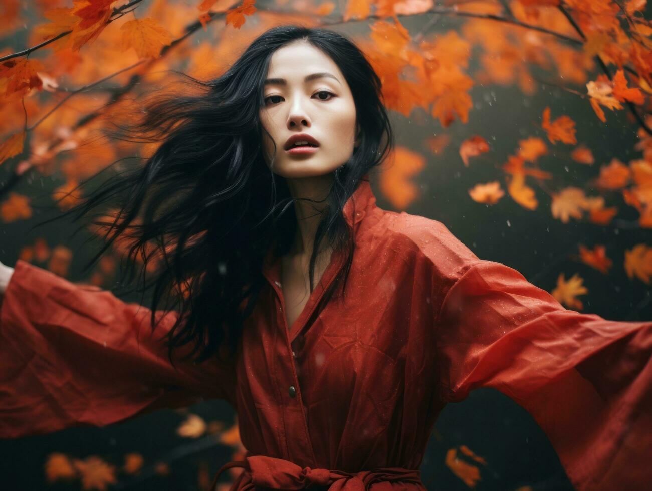 photo of emotional dynamic pose Asian woman in autumn AI Generative