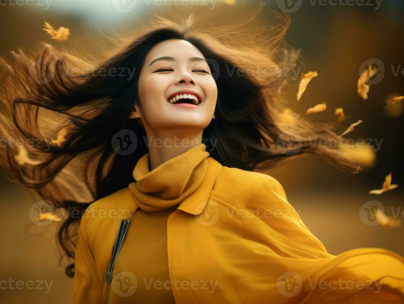 photo of emotional dynamic pose Asian woman in autumn AI Generative