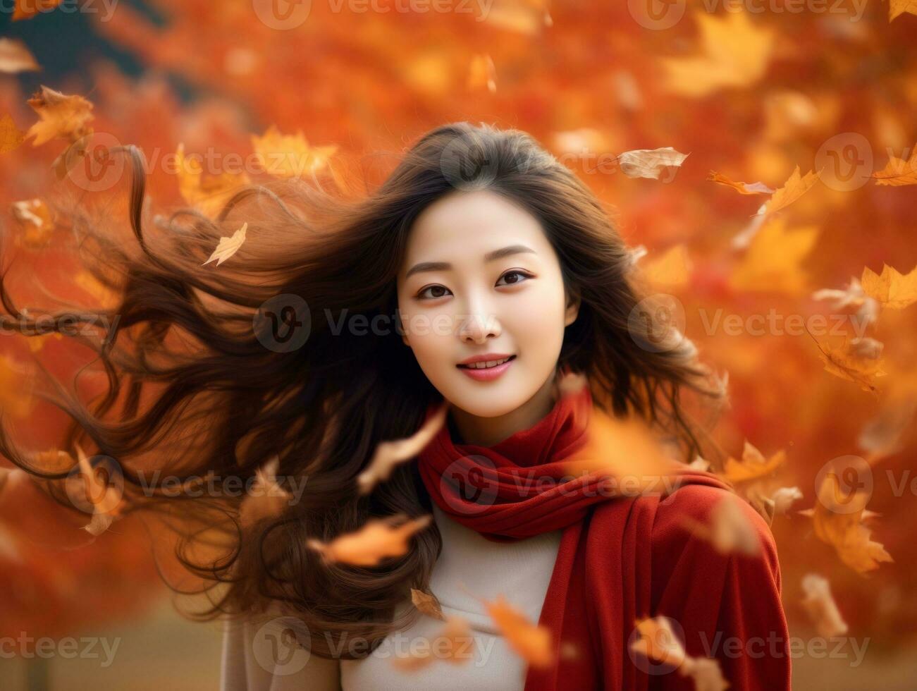 photo of emotional dynamic pose Asian woman in autumn AI Generative