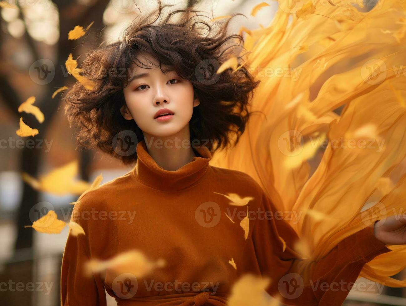 photo of emotional dynamic pose Asian woman in autumn AI Generative