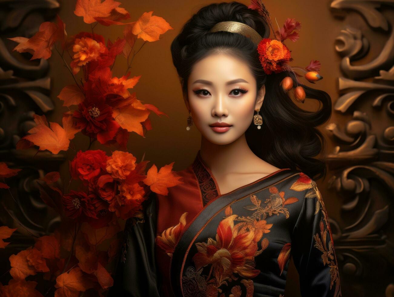 photo of emotional dynamic pose Asian woman in autumn AI Generative