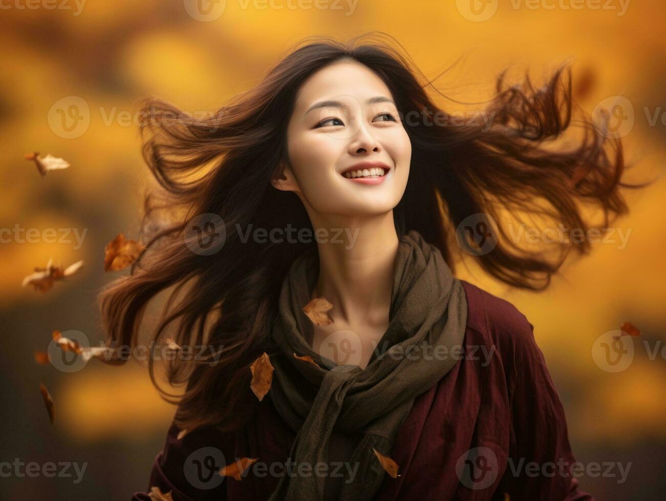 photo of emotional dynamic pose Asian woman in autumn AI Generative
