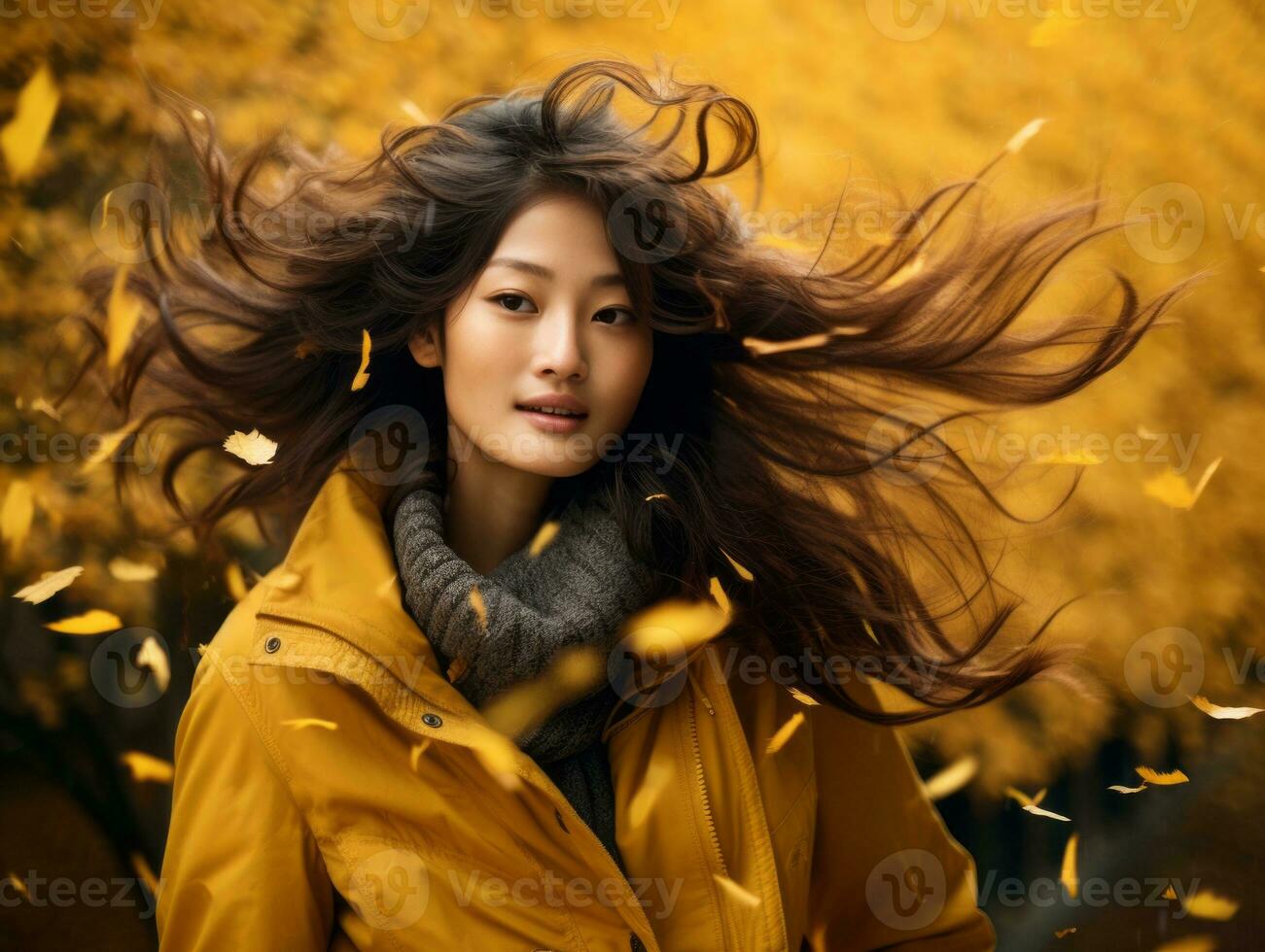photo of emotional dynamic pose Asian woman in autumn AI Generative